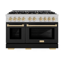 ZLINE Autograph Edition 48 In. 6.7 Cu. Ft. Select Double Oven Gas Range With 8 Burner Cooktop In Satin Stainless Steel With Black Matte Doors And Polished Gold Accents (HGRSZ-BLM-48-G)(Zline Autograph Edition 48 Select Gas Range Satin Stainless Steel Black Matte Polished Gold Hgrsz Blm 48 G) 15 ZLINE Autograph Edition 48 In. 6.7 Cu. Ft. Select Double Oven Gas Range With 8 Burner Cooktop In Satin Stainless Steel With Black Matte Doors And Polished Gold Accents (HGRSZ-BLM-48-G)(Zline Autograph Edition 48 Select Gas Range Satin Stainless Steel Black Matte Polished Gold Hgrsz Blm 48 G) -Induction Cooktop Store zline select satin stainless steel gas range autograph edition polished gold HGRSZ BLM 48 G front