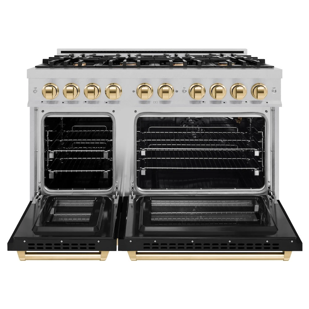 ZLINE Autograph Edition 48 In. 6.7 Cu. Ft. Select Double Oven Gas Range With 8 Burner Cooktop In Satin Stainless Steel With Black Matte Doors And Polished Gold Accents (HGRSZ-BLM-48-G)(Zline Autograph Edition 48 Select Gas Range Satin Stainless Steel Black Matte Polished Gold Hgrsz Blm 48 G) 3 ZLINE Autograph Edition 48 In. 6.7 Cu. Ft. Select Double Oven Gas Range With 8 Burner Cooktop In Satin Stainless Steel With Black Matte Doors And Polished Gold Accents (HGRSZ-BLM-48-G)(Zline Autograph Edition 48 Select Gas Range Satin Stainless Steel Black Matte Polished Gold Hgrsz Blm 48 G) - Image 3