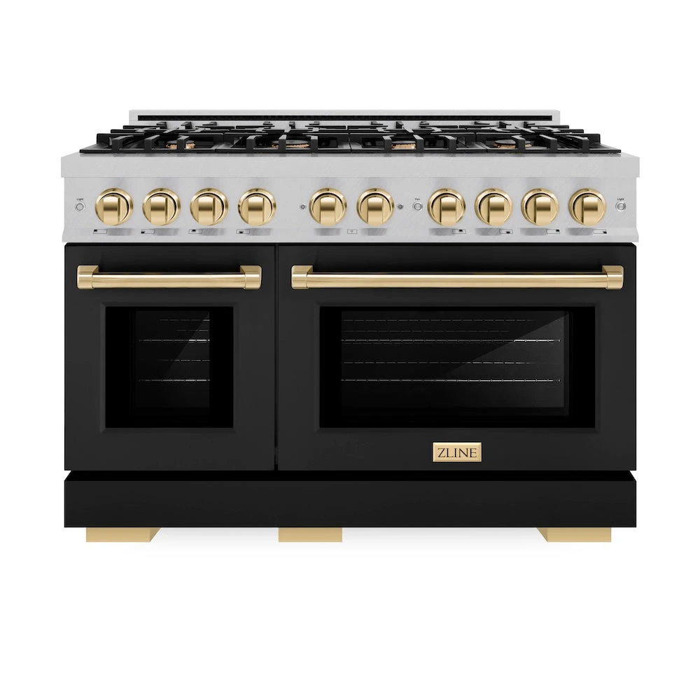 ZLINE Autograph Edition 48 In. 6.7 Cu. Ft. Select Double Oven Gas Range With 8 Burner Cooktop In Satin Stainless Steel With Black Matte Doors And Polished Gold Accents (HGRSZ-BLM-48-G)(Zline Autograph Edition 48 Select Gas Range Satin Stainless Steel Black Matte Polished Gold Hgrsz Blm 48 G) 4 ZLINE Autograph Edition 48 In. 6.7 Cu. Ft. Select Double Oven Gas Range With 8 Burner Cooktop In Satin Stainless Steel With Black Matte Doors And Polished Gold Accents (HGRSZ-BLM-48-G)(Zline Autograph Edition 48 Select Gas Range Satin Stainless Steel Black Matte Polished Gold Hgrsz Blm 48 G) - Image 4