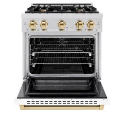 ZLINE Autograph Edition 30 In. 4.2 Cu. Ft. Select Gas Range With 4 Burner Cooktop And Convection Gas Oven In Satin Stainless Steel With White Matte Door And Polished Gold Accents (HGRSZ-WM-30-G)(Zline Autograph Edition 30 Select Gas Range Satin Stainless Steel White Matte Polished Gold Hgrsz Wm 30 G) -Induction Cooktop Store zline select satin stainless steel gas range autograph edition polished gold HGRSZ WM 30 G front open