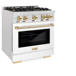 ZLINE Autograph Edition 30 In. 4.2 Cu. Ft. Select Gas Range With 4 Burner Cooktop And Convection Gas Oven In Satin Stainless Steel With White Matte Door And Polished Gold Accents (HGRSZ-WM-30-G)(Zline Autograph Edition 30 Select Gas Range Satin Stainless Steel White Matte Polished Gold Hgrsz Wm 30 G) -Induction Cooktop Store zline select satin stainless steel gas range autograph edition polished gold HGRSZ WM 30 G main
