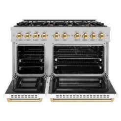 ZLINE Autograph Edition 48 In. 6.7 Cu. Ft. Select Double Oven Gas Range With 8 Burner Cooktop In Satin Stainless Steel With White Matte Doors And Polished Gold Accents (HGRSZ-WM-48-G)(Zline Autograph Edition 48 Select Gas Range Satin Stainless Steel White Matte Polished Gold Hgrsz Wm 48 G) -Induction Cooktop Store zline select satin stainless steel gas range autograph edition polished gold HGRSZ WM 48 G front open