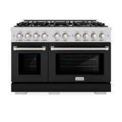 ZLINE 48 In. 6.7 Cu. Ft. Select Double Oven Gas Range With 8 Burner Cooktop In Stainless Steel With Black Matte Doors (HGR-BLM-48)(Zline 48 Select Gas Range Stainless Steel Black Matte Hgr Blm 48) -Induction Cooktop Store zline select stainless steel black matte gas range HGR BLM 48 front