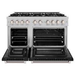 ZLINE 48 In. 6.7 Cu. Ft. Select Double Oven Gas Range With 8 Burner Cooktop In Stainless Steel With Black Matte Doors (HGR-BLM-48)(Zline 48 Select Gas Range Stainless Steel Black Matte Hgr Blm 48) -Induction Cooktop Store zline select stainless steel black matte gas range HGR BLM 48 front open