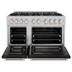 ZLINE 48 In. 6.7 Cu. Ft. Select Double Oven Dual Fuel Range With 8 Burner Gas Cooktop In Stainless Steel With Black Matte Doors (HDR-BLM-48)(Zline 48 Select Dual Fuel Range Stainless Steel Black Matte Hdr Blm 48) -Induction Cooktop Store zline select stainless steel dual fuel black matte range HDR BLM 48 front open