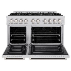 ZLINE 48 In. 6.7 Cu. Ft. Select Double Oven Dual Fuel Range With 8 Burner Gas Cooktop In Stainless Steel (HDR48)(Zline 48 Select Dual Fuel Range Stainless Steel Hdr48) -Induction Cooktop Store zline select stainless steel dual fuel range HDR48 front open
