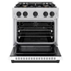 ZLINE Autograph Edition 30 In. 4.2 Cu. Ft. Select Dual Fuel Range With 4 Burner Gas Cooktop And Electric Convection Oven In Stainless Steel With White Matte Door And Matte Black Accents (HDRZ-WM-30-MB)(Zline Autograph Edition 30 Select Dual Fuel Range Stainless Steel White Matte Matte Black Hdrz Wm 30 Mb) -Induction Cooktop Store zline select stainless steel dual fuel range autograph edition matte black HDRZ WM 30 MB front open