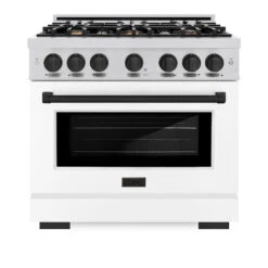 ZLINE Autograph Edition 36 In. 5.2 Cu. Ft. Select Dual Fuel Range With 6 Burner Gas Cooktop And Electric Convection Oven In Stainless Steel With White Matte Door And Matte Black Accents (HDRZ-WM-36-MB)(Zline Autograph Edition 36 Select Dual Fuel Range Stainless Steel White Matte Matte Black Hdrz Wm 36 Mb) -Induction Cooktop Store zline select stainless steel dual fuel range autograph edition matte black HDRZ WM 36 MB front