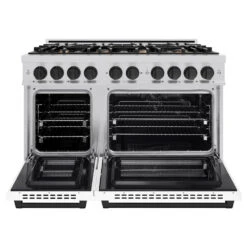 ZLINE Autograph Edition 48 In. 6.7 Cu. Ft. Select Double Oven Dual Fuel Range With 8 Burner Gas Cooktop In Stainless Steel With White Matte Door And Matte Black Accents (HDRZ-WM-48-MB)(Zline Autograph Edition 48 Select Dual Fuel Range Stainless Steel White Matte Matte Black Hdrz Wm 48 Mb) 15 ZLINE Autograph Edition 48 In. 6.7 Cu. Ft. Select Double Oven Dual Fuel Range With 8 Burner Gas Cooktop In Stainless Steel With White Matte Door And Matte Black Accents (HDRZ-WM-48-MB)(Zline Autograph Edition 48 Select Dual Fuel Range Stainless Steel White Matte Matte Black Hdrz Wm 48 Mb) -Induction Cooktop Store zline select stainless steel dual fuel range autograph edition matte black HDRZ WM 48 MB front open