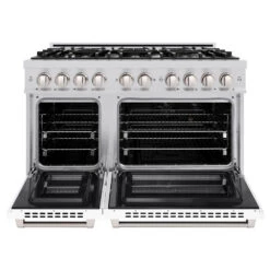 ZLINE 48 In. 6.7 Cu. Ft. Select Double Oven Dual Fuel Range With 8 Burner Gas Cooktop In Stainless Steel With White Matte Doors (HDR-WM-48)(Zline 48 Select Dual Fuel Range Stainless Steel White Matte Hdr Wm 48) -Induction Cooktop Store zline select stainless steel dual fuel white matte range HDR WM 48 front open