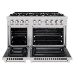 ZLINE 48 In. 6.7 Cu. Ft. Select Double Oven Gas Range In Stainless Steel With 8 Brass Burners (HGR-BR-48)(Zline 48 Select Gas Range Stainless Steel Brass Burners Hgr Br 48) 15 ZLINE 48 In. 6.7 Cu. Ft. Select Double Oven Gas Range In Stainless Steel With 8 Brass Burners (HGR-BR-48)(Zline 48 Select Gas Range Stainless Steel Brass Burners Hgr Br 48) -Induction Cooktop Store zline select stainless steel gas range HGR BR 48 front open