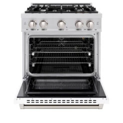 ZLINE 30 In. 4.2 Cu. Ft. Select Gas Range With 4 Burner Cooktop And Convection Gas Oven In Stainless Steel With White Matte Door (HGR-WM-30)(Zline 30 Select Gas Range Stainless Steel White Matte Hgr Wm 30) 16 ZLINE 30 In. 4.2 Cu. Ft. Select Gas Range With 4 Burner Cooktop And Convection Gas Oven In Stainless Steel With White Matte Door (HGR-WM-30)(Zline 30 Select Gas Range Stainless Steel White Matte Hgr Wm 30) -Induction Cooktop Store zline select stainless steel gas range HGR WM 30 front open