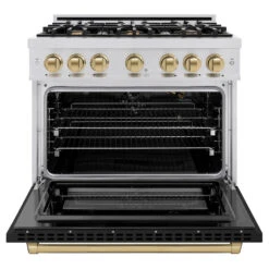 ZLINE Autograph Edition 36 In. 5.2 Cu. Ft. Select Gas Range With 6 Burner Cooktop And Convection Gas Oven In Stainless Steel With Black Matte Door And Champagne Bronze Accents (HGRZ-BLM-36-CB)(Zline Autograph Edition 36 Select Gas Range Stainless Steel Black Matte Champagne Bronze Hgrz Blm 36 Cb) 16 ZLINE Autograph Edition 36 In. 5.2 Cu. Ft. Select Gas Range With 6 Burner Cooktop And Convection Gas Oven In Stainless Steel With Black Matte Door And Champagne Bronze Accents (HGRZ-BLM-36-CB)(Zline Autograph Edition 36 Select Gas Range Stainless Steel Black Matte Champagne Bronze Hgrz Blm 36 Cb) -Induction Cooktop Store zline select stainless steel gas range autograph edition champagne bronze HGRZ BLM 36 CB front open