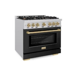 ZLINE Autograph Edition 36 In. 5.2 Cu. Ft. Select Gas Range With 6 Burner Cooktop And Convection Gas Oven In Stainless Steel With Black Matte Door And Champagne Bronze Accents (HGRZ-BLM-36-CB)(Zline Autograph Edition 36 Select Gas Range Stainless Steel Black Matte Champagne Bronze Hgrz Blm 36 Cb)