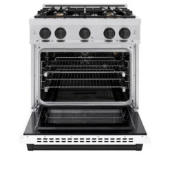 ZLINE Autograph Edition 30 In. 4.2 Cu. Ft. Select Gas Range With 4 Burner Cooktop And Convection Gas Oven In Stainless Steel With White Matte Door And Matte Black Accents (HGRZ-WM-30-MB)(Zline Autograph Edition 30 Select Gas Range Stainless Steel White Matte Matte Black Hgrz Wm 30 Mb) 14 ZLINE Autograph Edition 30 In. 4.2 Cu. Ft. Select Gas Range With 4 Burner Cooktop And Convection Gas Oven In Stainless Steel With White Matte Door And Matte Black Accents (HGRZ-WM-30-MB)(Zline Autograph Edition 30 Select Gas Range Stainless Steel White Matte Matte Black Hgrz Wm 30 Mb) -Induction Cooktop Store zline select stainless steel gas range autograph edition matte black HGRZ WM 30 MB front open