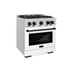 ZLINE Autograph Edition 30 In. 4.2 Cu. Ft. Select Gas Range With 4 Burner Cooktop And Convection Gas Oven In Stainless Steel With White Matte Door And Matte Black Accents (HGRZ-WM-30-MB)(Zline Autograph Edition 30 Select Gas Range Stainless Steel White Matte Matte Black Hgrz Wm 30 Mb)