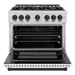 ZLINE Autograph Edition 36 In. 5.2 Cu. Ft. Select Gas Range With 6 Burner Cooktop And Convection Gas Oven In Stainless Steel With White Matte Door And Matte Black Accents (HGRZ-WM-36-MB)(Zline Autograph Edition 36 Select Gas Range Stainless Steel White Matte Matte Black Hgrz Wm 36 Mb) 15 ZLINE Autograph Edition 36 In. 5.2 Cu. Ft. Select Gas Range With 6 Burner Cooktop And Convection Gas Oven In Stainless Steel With White Matte Door And Matte Black Accents (HGRZ-WM-36-MB)(Zline Autograph Edition 36 Select Gas Range Stainless Steel White Matte Matte Black Hgrz Wm 36 Mb) -Induction Cooktop Store zline select stainless steel gas range autograph edition matte black HGRZ WM 36 MB front open
