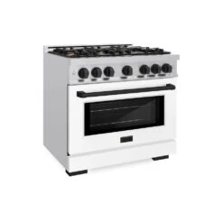 ZLINE Autograph Edition 36 In. 5.2 Cu. Ft. Select Gas Range With 6 Burner Cooktop And Convection Gas Oven In Stainless Steel With White Matte Door And Matte Black Accents (HGRZ-WM-36-MB)(Zline Autograph Edition 36 Select Gas Range Stainless Steel White Matte Matte Black Hgrz Wm 36 Mb)