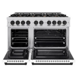 ZLINE Autograph Edition 48 In. 6.7 Cu. Ft. Select Double Oven Gas Range With 8 Burner Cooktop In Stainless Steel With White Matte Doors And Matte Black Accents (HGRZ-WM-48-MB)(Zline Autograph Edition 48 Select Gas Range Stainless Steel White Matte Matte Black Hgrz Wm 48 Mb) 16 ZLINE Autograph Edition 48 In. 6.7 Cu. Ft. Select Double Oven Gas Range With 8 Burner Cooktop In Stainless Steel With White Matte Doors And Matte Black Accents (HGRZ-WM-48-MB)(Zline Autograph Edition 48 Select Gas Range Stainless Steel White Matte Matte Black Hgrz Wm 48 Mb) -Induction Cooktop Store zline select stainless steel gas range autograph edition matte black HGRZ WM 48 MB front open