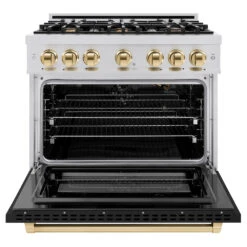 ZLINE Autograph Edition 36 In. 5.2 Cu. Ft. Select Gas Range With 6 Burner Cooktop And Convection Gas Oven In Stainless Steel With Black Matte Door And Polished Gold Accents (HGRZ-BLM-36-G)(Zline Autograph Edition 36 Select Gas Range Stainless Steel Black Matte Polished Gold Hgrz Blm 36 G) 15 ZLINE Autograph Edition 36 In. 5.2 Cu. Ft. Select Gas Range With 6 Burner Cooktop And Convection Gas Oven In Stainless Steel With Black Matte Door And Polished Gold Accents (HGRZ-BLM-36-G)(Zline Autograph Edition 36 Select Gas Range Stainless Steel Black Matte Polished Gold Hgrz Blm 36 G) -Induction Cooktop Store zline select stainless steel gas range autograph edition polished gold HGRZ BLM 36 G front open