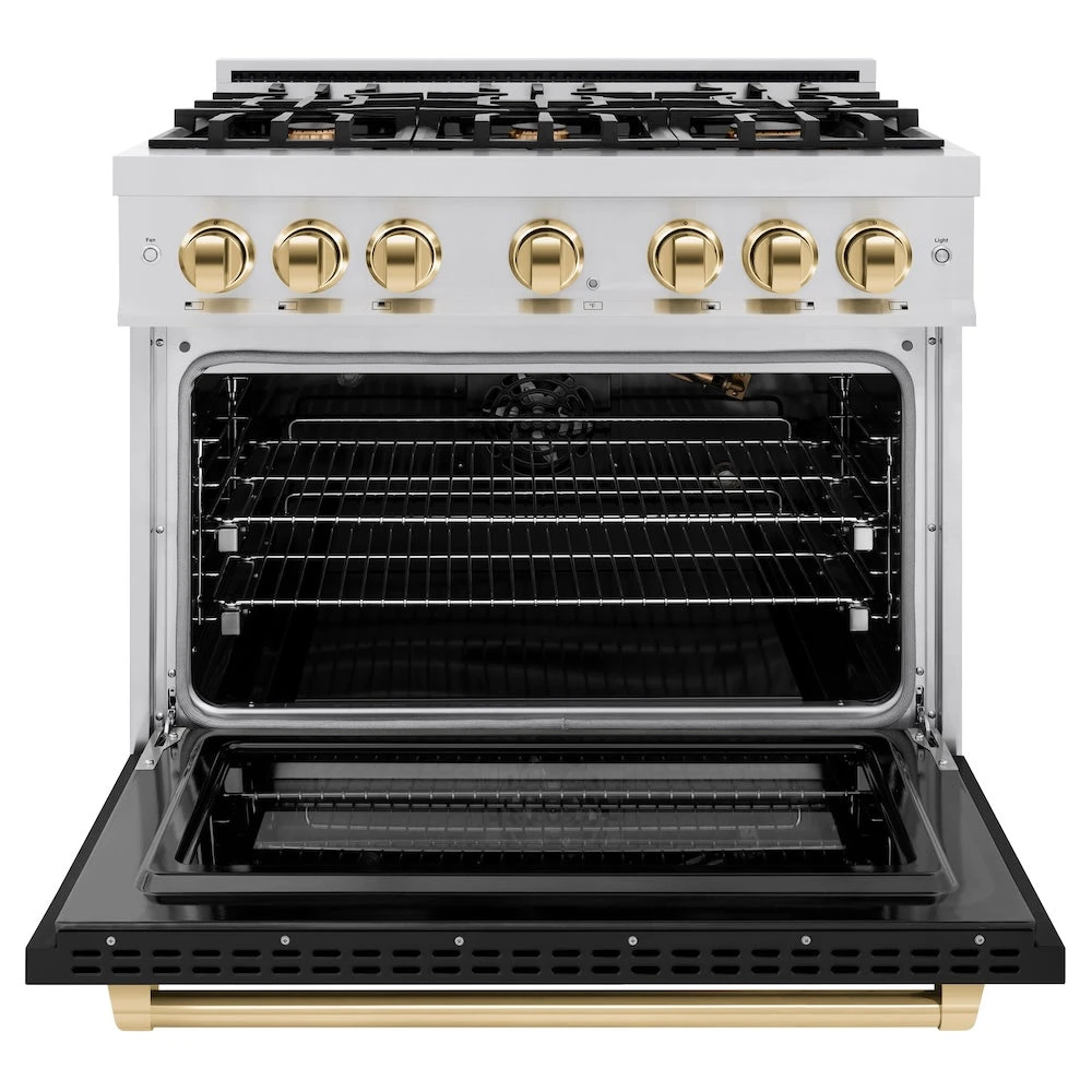 ZLINE Autograph Edition 36 In. 5.2 Cu. Ft. Select Gas Range With 6 Burner Cooktop And Convection Gas Oven In Stainless Steel With Black Matte Door And Polished Gold Accents (HGRZ-BLM-36-G)(Zline Autograph Edition 36 Select Gas Range Stainless Steel Black Matte Polished Gold Hgrz Blm 36 G) 4 ZLINE Autograph Edition 36 In. 5.2 Cu. Ft. Select Gas Range With 6 Burner Cooktop And Convection Gas Oven In Stainless Steel With Black Matte Door And Polished Gold Accents (HGRZ-BLM-36-G)(Zline Autograph Edition 36 Select Gas Range Stainless Steel Black Matte Polished Gold Hgrz Blm 36 G) - Image 4