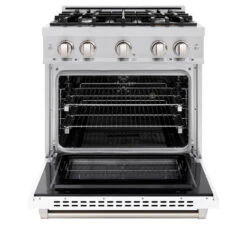 ZLINE 30 In. 4.2 Cu. Ft. Select Dual Fuel Range With 4 Burner Gas Cooktop And Electric Convection Oven In Stainless Steel With White Matte Door (HDR-WM-30)(Zline 30 Select Dual Fuel Range Stainless Steel White Matte Hdr Wm 30) -Induction Cooktop Store zline select stainless steel white matte door dual fuel range HDR WM 30 front open