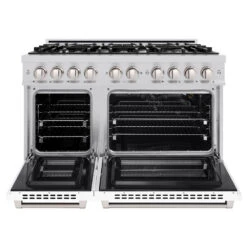 ZLINE 48 In. 6.7 Cu. Ft. Select Double Oven Gas Range With 8 Burner Cooktop In Stainless Steel With White Matte Doors (HGR-WM-48)(Zline 48 Select Gas Range Stainless Steel White Matte Hgr Wm 48) 15 ZLINE 48 In. 6.7 Cu. Ft. Select Double Oven Gas Range With 8 Burner Cooktop In Stainless Steel With White Matte Doors (HGR-WM-48)(Zline 48 Select Gas Range Stainless Steel White Matte Hgr Wm 48) -Induction Cooktop Store zline select stainless steel white matte gas range HGR WM 48 front open