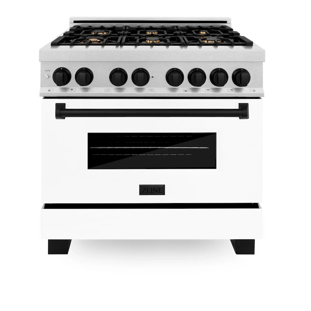 ZLINE Autograph Edition 36 In. 4.6 Cu. Ft. Legacy Dual Fuel Range With 6 Burner Gas Cooktop And Electric Convection Oven In Satin Stainless Steel With White Matte Door And Matte Black Accents (RASZ-WM-36-MB)(Zline Autograph Edition 36 Legacy Dual Fuel Range Satin Stainless Steel White Matte Matte Black Rasz Wm 36 Mb) 1 ZLINE Autograph Edition 36 In. 4.6 Cu. Ft. Legacy Dual Fuel Range With 6 Burner Gas Cooktop And Electric Convection Oven In Satin Stainless Steel With White Matte Door And Matte Black Accents (RASZ-WM-36-MB)(Zline Autograph Edition 36 Legacy Dual Fuel Range Satin Stainless Steel White Matte Matte Black Rasz Wm 36 Mb)