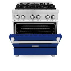 ZLINE 30 In. 4.0 Cu. Ft. Legacy Dual Fuel Range With 4 Burner Gas Cooktop And Electric Convection Oven In Stainless Steel And Blue Gloss Door (RA-BG-30)(Zline 30 Legacy Dual Fuel Range Stainless Steel Blue Gloss Ra Bg 30) 14 ZLINE 30 In. 4.0 Cu. Ft. Legacy Dual Fuel Range With 4 Burner Gas Cooktop And Electric Convection Oven In Stainless Steel And Blue Gloss Door (RA-BG-30)(Zline 30 Legacy Dual Fuel Range Stainless Steel Blue Gloss Ra Bg 30) -Induction Cooktop Store zline stainless steel range RA BG 30 front half open f9111131 226d 45c0 b4e8 aff36bae828a