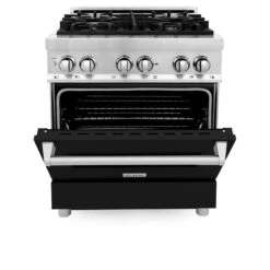 ZLINE 30 In. 4.0 Cu. Ft. Legacy Dual Fuel Range With 4 Burner Gas Cooktop And Electric Convection Oven In Stainless Steel And Black Matte Door (RA-BLM-30)(Zline 30 Legacy Dual Fuel Range Stainless Steel Black Matte Ra Blm 30) -Induction Cooktop Store zline stainless steel range RA BLM 30 front half open 4d706147 76e8 441d 9c31 8aab91567d50