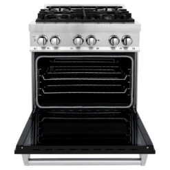 ZLINE 30 In. 4.0 Cu. Ft. Legacy Dual Fuel Range With 4 Burner Gas Cooktop And Electric Convection Oven In Stainless Steel And Black Matte Door (RA-BLM-30)(Zline 30 Legacy Dual Fuel Range Stainless Steel Black Matte Ra Blm 30) -Induction Cooktop Store zline stainless steel range RA BLM 30 front open 207b57bd 3855 44c6 b032 b14ca65a7014