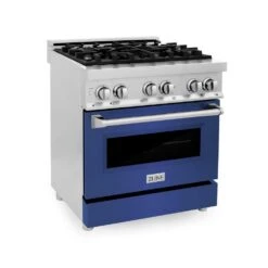 ZLINE 30 In. 4.0 Cu. Ft. Legacy Dual Fuel Range With 4 Burner Gas Cooktop And Electric Convection Oven In Stainless Steel And Blue Matte Door (RA-BM-30)(Zline 30 Legacy Dual Fuel Range Stainless Steel Blue Matte Ra Bm 30)