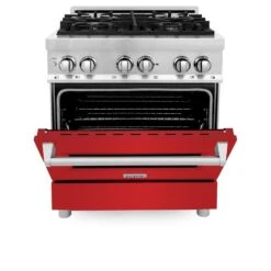 ZLINE 30 In. 4.0 Cu. Ft. Legacy Dual Fuel Range With 4 Burner Gas Cooktop And Electric Convection Oven In Stainless Steel And Red Matte Door (RA-RM-30)(Zline 30 Legacy Dual Fuel Range Stainless Steel Red Matte Ra Rm 30) -Induction Cooktop Store zline stainless steel range RA RM 30 front half open 5bf6bd5c 15fc 440c a935 d6dea597daf1