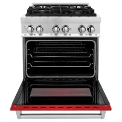 ZLINE 30 In. 4.0 Cu. Ft. Legacy Dual Fuel Range With 4 Burner Gas Cooktop And Electric Convection Oven In Stainless Steel And Red Matte Door (RA-RM-30)(Zline 30 Legacy Dual Fuel Range Stainless Steel Red Matte Ra Rm 30) -Induction Cooktop Store zline stainless steel range RA RM 30 front open 5054a560 6e9a 4025 bc3c f1e8d132cef9