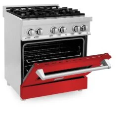 ZLINE 30 In. 4.0 Cu. Ft. Legacy Dual Fuel Range With 4 Burner Gas Cooktop And Electric Convection Oven In Stainless Steel And Red Matte Door (RA-RM-30)(Zline 30 Legacy Dual Fuel Range Stainless Steel Red Matte Ra Rm 30) -Induction Cooktop Store zline stainless steel range RA RM 30 side half open 0f5a7dda 9c16 49ad 9a16 eebcdc23510a