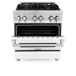 ZLINE 30 In. 4.0 Cu. Ft. Legacy Dual Fuel Range With 4 Burner Gas Cooktop And Electric Convection Oven In Stainless Steel And White Matte Door (RA-WM-30)(Zline 30 Legacy Dual Fuel Range Stainless Steel White Matte Ra Wm 30) 17 ZLINE 30 In. 4.0 Cu. Ft. Legacy Dual Fuel Range With 4 Burner Gas Cooktop And Electric Convection Oven In Stainless Steel And White Matte Door (RA-WM-30)(Zline 30 Legacy Dual Fuel Range Stainless Steel White Matte Ra Wm 30) -Induction Cooktop Store zline stainless steel range RA WM 30 front half open 2e9b2188 71ae 4d99 ab7b 00ee570f8744