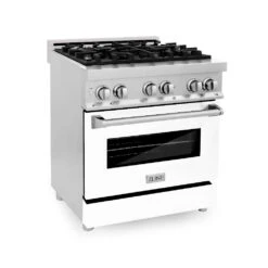 ZLINE 30 In. 4.0 Cu. Ft. Legacy Dual Fuel Range With 4 Burner Gas Cooktop And Electric Convection Oven In Stainless Steel And White Matte Door (RA-WM-30)(Zline 30 Legacy Dual Fuel Range Stainless Steel White Matte Ra Wm 30)