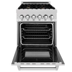 ZLINE 24 In. 2.8 Cu. Ft. Legacy Dual Fuel Range With Gas Cooktop And Electric Convection Oven In Satin Stainless Steel With 4 Brass Burners (RAS-SN-BR-24)(Zline 24 Legacy Dual Fuel Range Satin Stainless Steel Brass Burners Ras Sn Br 24) 24 ZLINE 24 In. 2.8 Cu. Ft. Legacy Dual Fuel Range With Gas Cooktop And Electric Convection Oven In Satin Stainless Steel With 4 Brass Burners (RAS-SN-BR-24)(Zline 24 Legacy Dual Fuel Range Satin Stainless Steel Brass Burners Ras Sn Br 24) -Induction Cooktop Store zline stainless steel range RAS SN BR 24 front open