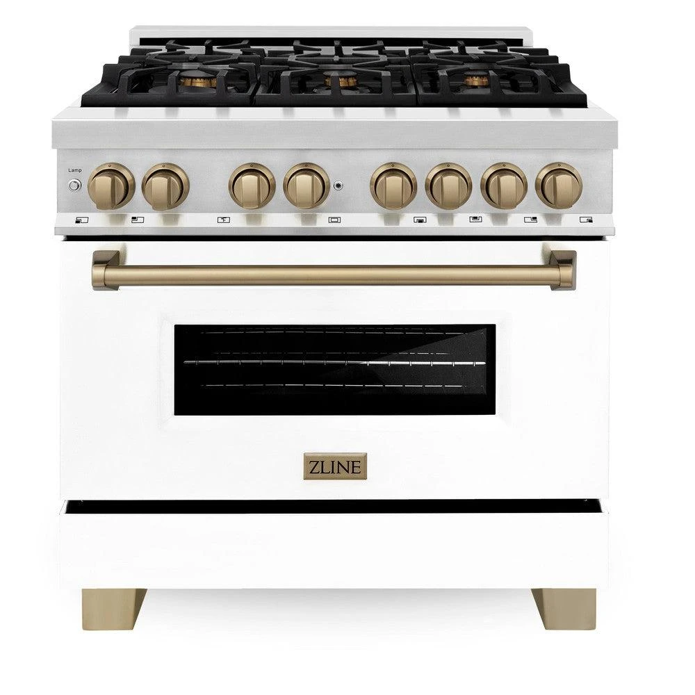 ZLINE Autograph Edition 36 In. 4.6 Cu. Ft. Legacy Dual Fuel Range With 6 Burner Gas Cooktop And Electric Convection Oven In Stainless Steel With White Matte Door And Champagne Bronze Accents (RAZ-WM-36-CB)(Zline Autograph Edition 36 Legacy Dual Fuel Range Stainless Steel White Matte Champagne Bronze Raz Wm 36 Cb) 4 ZLINE Autograph Edition 36 In. 4.6 Cu. Ft. Legacy Dual Fuel Range With 6 Burner Gas Cooktop And Electric Convection Oven In Stainless Steel With White Matte Door And Champagne Bronze Accents (RAZ-WM-36-CB)(Zline Autograph Edition 36 Legacy Dual Fuel Range Stainless Steel White Matte Champagne Bronze Raz Wm 36 Cb) - Image 4