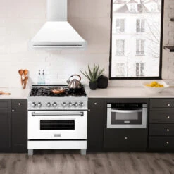 ZLINE 36 In. Satin Stainless Steel Wall Mount Range Hood With White Matte Shell And Stainless Steel Handle (8654SNX-WM-36)(Zline 36 Wall Mount Range Hood Satin Stainless Steel White Matte 8654snx Wm 36) -Induction Cooktop Store zline stainless steel wall mounted range hood 8654SNX WM 36 lifestyle