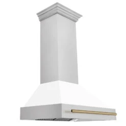 ZLINE Autograph Edition 36 In. Satin Stainless Steel Wall Mount Range Hood With White Matte Shell And Champagne Bronze Handle (8654SNZ-WM36-CB)(Zline Autograph Edition 36 Wall Mount Range Hood Satin Stainless Steel White Matte Champagne Bronze 8654snz Wm36 Cb)
