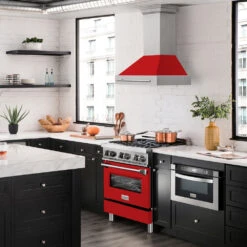 ZLINE 30 In. Stainless Steel Range Hood With Red Matte Shell And Stainless Steel Handle (8654STX-RM-30)(Zline 30 Wall Mount Range Hood Stainless Steel Red Matte 8654stx Rm 30) -Induction Cooktop Store zline stainless steel wall mounted range hood 8654STX RM 30 side lifestyle