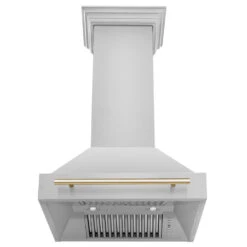 ZLINE Autograph Edition 30 In. Stainless Steel Range Hood With Stainless Steel Shell And Polished Gold Handle (8654STZ-30-G)(Zline Autograph Edition 30 Wall Mount Range Hood Stainless Steel Polished Gold 8654stz 30 G) -Induction Cooktop Store zline stainless steel wall mounted range hood 8654STZ 30 G front under