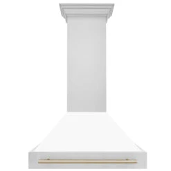 ZLINE Autograph Edition 36 In. Stainless Steel Range Hood With White Matte Shell And Polished Gold Handle (8654STZ-WM36-G)(Zline Autograph Edition 36 Wall Mount Range Hood Stainless Steel White Matte Polished Gold 8654stz Wm36 G) -Induction Cooktop Store zline stainless steel wall mounted range hood 8654STZ WM36 G front a4425240 f9d2 40b4 be19 0b103c659036