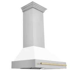ZLINE Autograph Edition 36 In. Stainless Steel Range Hood With White Matte Shell And Polished Gold Handle (8654STZ-WM36-G)(Zline Autograph Edition 36 Wall Mount Range Hood Stainless Steel White Matte Polished Gold 8654stz Wm36 G)