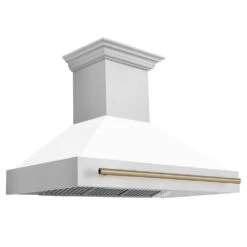 ZLINE Autograph Edition 48 In. Stainless Steel Range Hood With White Matte Shell And Champagne Bronze Handle (8654STZ-WM48-CB)(Zline Autograph Edition 48 Wall Mount Range Hood Stainless Steel White Matte Champagne Bronze 8654stz Wm48 Cb)