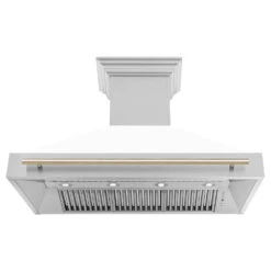ZLINE Autograph Edition 48 In. Stainless Steel Range Hood With White Matte Shell And Polished Gold Handle (8654STZ-WM48-G)(Zline Autograph Edition 48 Wall Mount Range Hood Stainless Steel White Matte Polished Gold 8654stz Wm48 G) 12 ZLINE Autograph Edition 48 In. Stainless Steel Range Hood With White Matte Shell And Polished Gold Handle (8654STZ-WM48-G)(Zline Autograph Edition 48 Wall Mount Range Hood Stainless Steel White Matte Polished Gold 8654stz Wm48 G) -Induction Cooktop Store zline stainless steel wall mounted range hood 8654STZ WM48 G front under