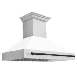 ZLINE Autograph Edition 48 In. Stainless Steel Range Hood With White Matte Shell And Matte Black Handle (8654STZ-WM48-MB)(Zline Autograph Edition 48 Wall Mount Range Hood Stainless Steel White Matte Matte Black 8654stz Wm48 Mb)