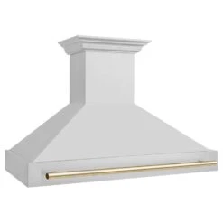 ZLINE Autograph Edition 48 In. Stainless Steel Range Hood With Stainless Steel Shell And Polished Gold Handle (8654STZ-48-G)(Zline Autograph Edition 48 Wall Mount Range Hood Stainless Steel Gold 8654stz 48 G) -Induction Cooktop Store zline stainless steel wall range hood 8654STZ 48 G side