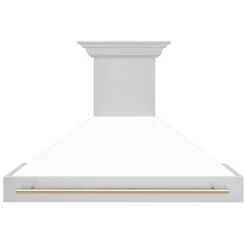 ZLINE Autograph Edition 48 In. Stainless Steel Range Hood With White Matte Shell And Polished Gold Handle (8654STZ-WM48-G)(Zline Autograph Edition 48 Wall Mount Range Hood Stainless Steel White Matte Polished Gold 8654stz Wm48 G) 11 ZLINE Autograph Edition 48 In. Stainless Steel Range Hood With White Matte Shell And Polished Gold Handle (8654STZ-WM48-G)(Zline Autograph Edition 48 Wall Mount Range Hood Stainless Steel White Matte Polished Gold 8654stz Wm48 G) -Induction Cooktop Store zline stainless steel wall range hood 8654STZ WM48 G front